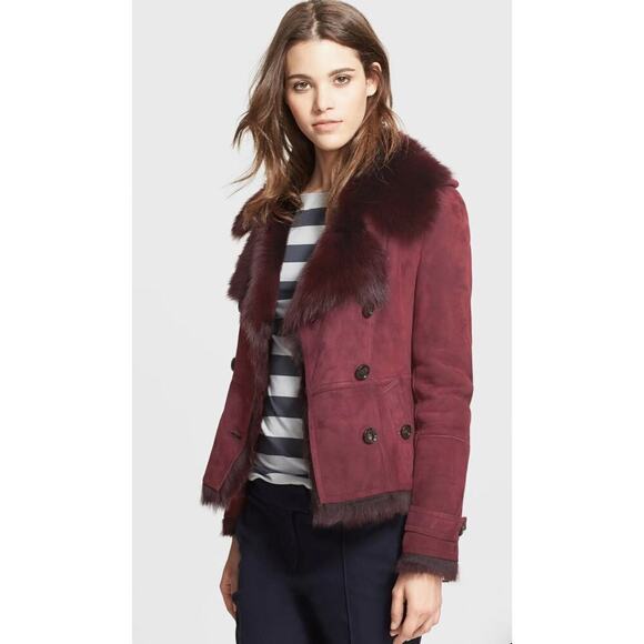 Burberry Burgundy Suede Shearling Haddingcroft Double Breasted Jacket US size 2 - Picture 2 of 16